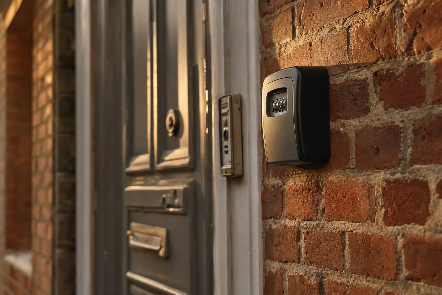 Boîte à clés à code fixée sur un mur de brique, près d’une porte d’immeuble en bois