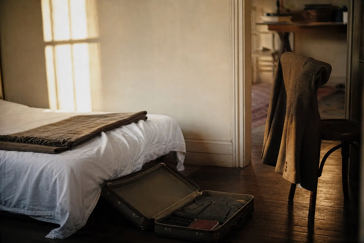 Chambre au lit fait avec une valise ouverte posée au pied du lit