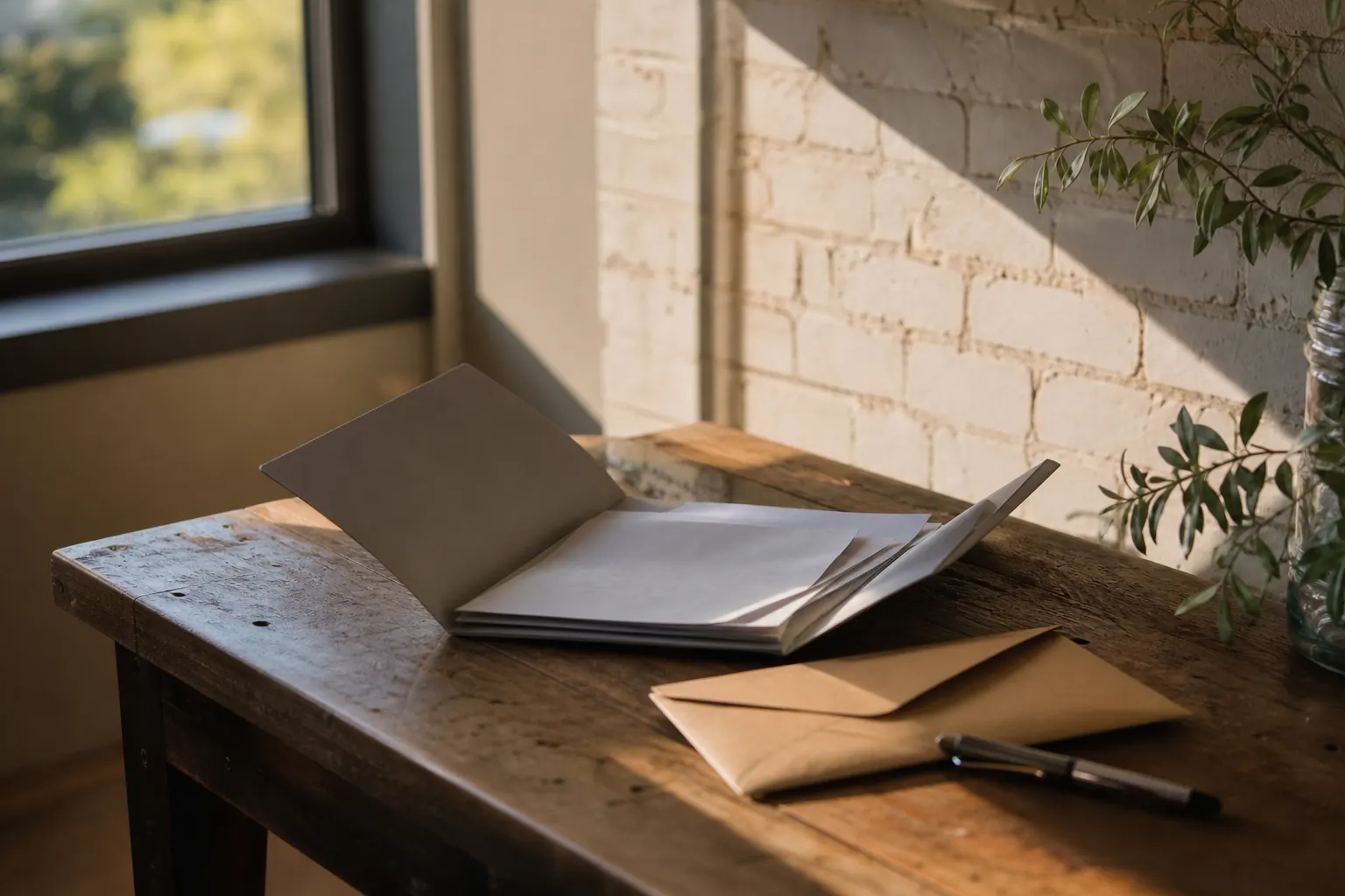 Chemise cartonnée ouverte, enveloppe kraft et stylo sur une table en bois près d’une fenêtre