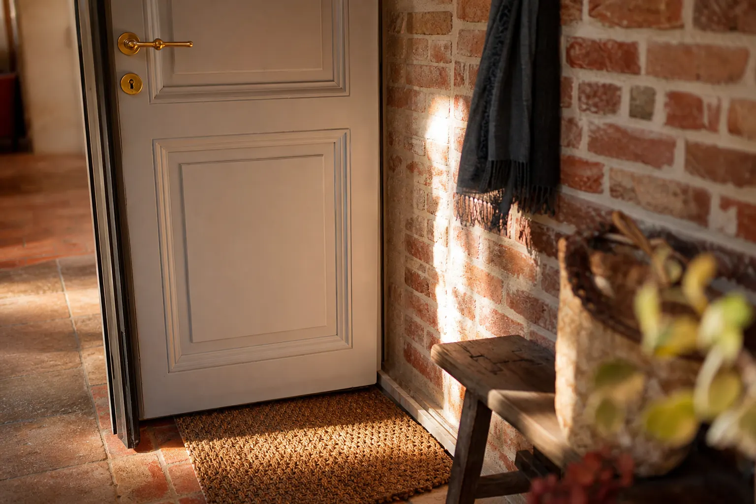 Entrée d’appartement ancien vue de l’intérieur, poignée en laiton mat, mur de brique et sol de tomettes