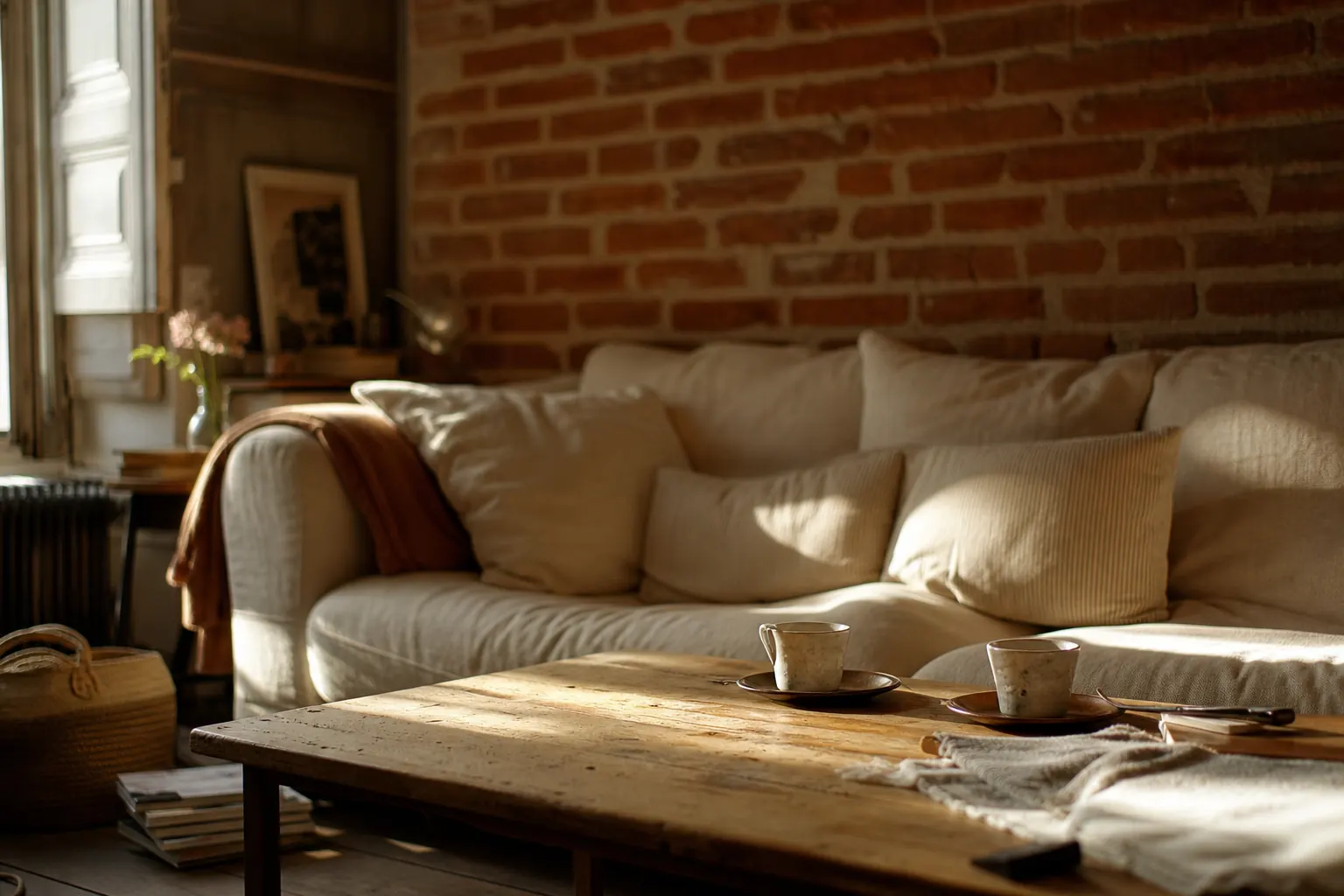 Séjour d’un appartement toulousain en fin de journée, mur de brique foraine et table basse avec deux tasses
