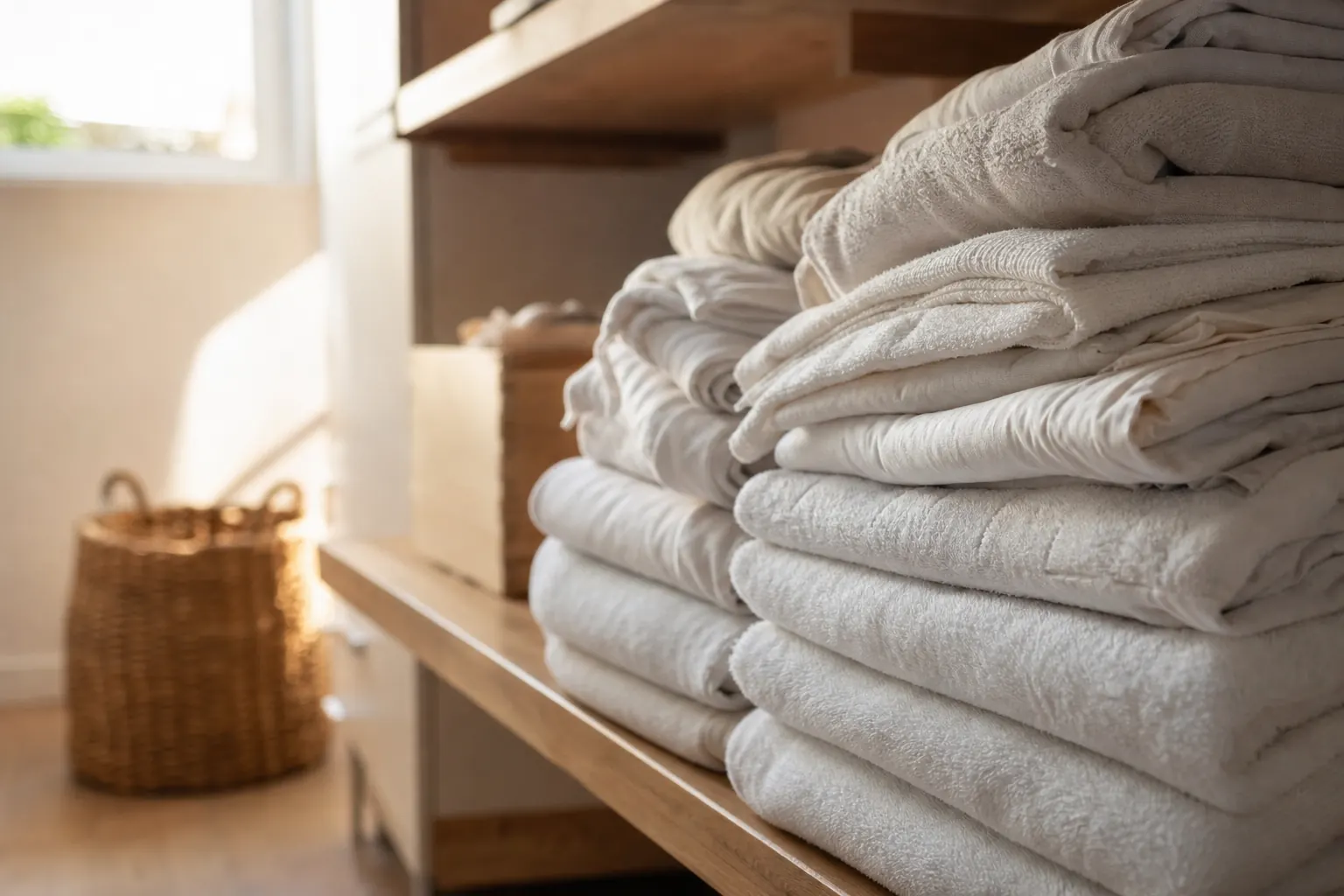 Pile de draps blancs et de serviettes pliés sur l’étagère d’une buanderie claire