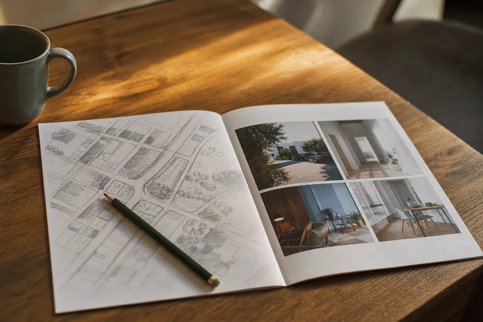 Livret d’accueil ouvert sur un plan de quartier dessiné au crayon, crayon posé dessus