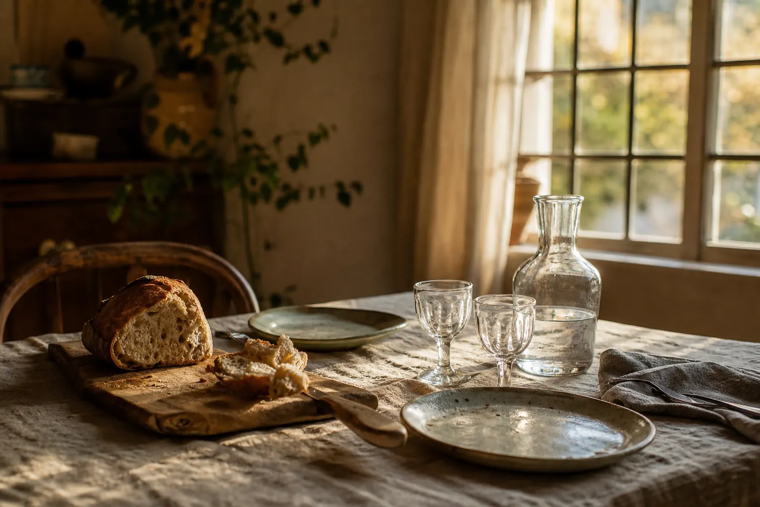 Table dressée pour deux sous une fenêtre haute, nappe de lin et carafe d’eau