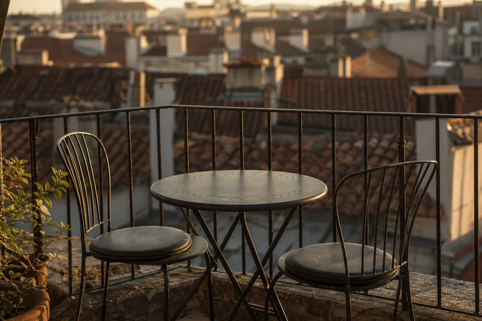 Terrasse de dernier étage avec une table ronde et deux chaises, toits de tuiles canal en arrière-plan